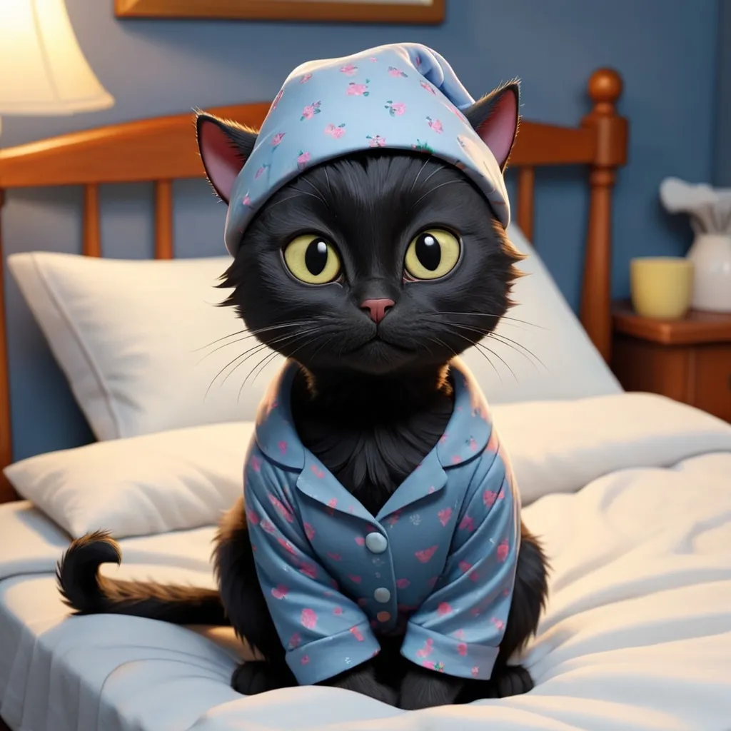 Prompt: A black cat wearing a night cap and pajamas and is getting ready to get into bed. 