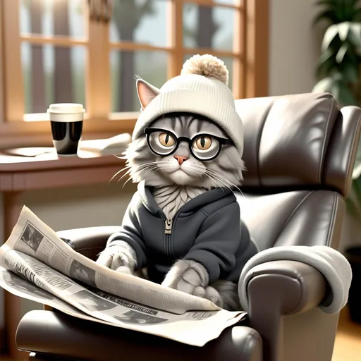 Prompt: A fluffy gray cat is sitting in a tan recliner chair, holding up a newspaper ever so slightly to read. The cat has glasses on. The cat is wearing a white beanie and is in black sweat pants and sweatshirt. There is coffee on the table next to the cat and you can see trees and the sun in the window next to the cat. 