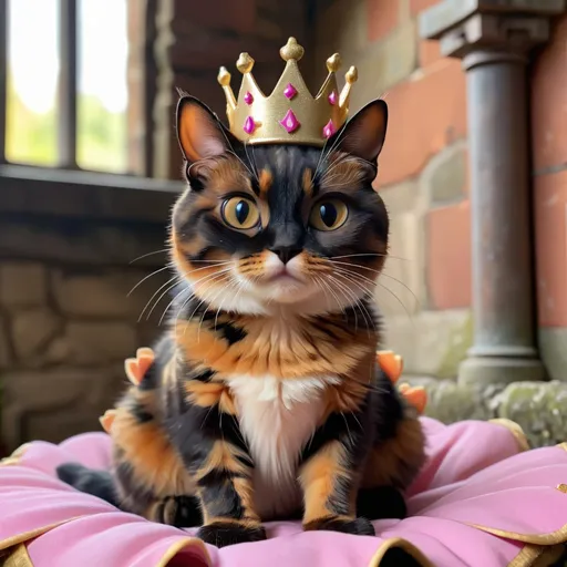 Prompt: A little tortoiseshell cat wearing a princess crown as she sits on her thrown in her castle. 