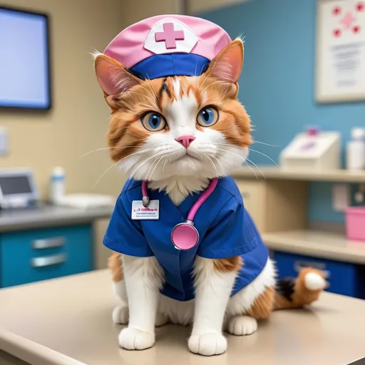 Prompt: A calico cat dressed as a nurse wearing a white cap and royal blue scrubs. The cat has a pink stethoscope around its neck. The cat is standing at the nurses station. 