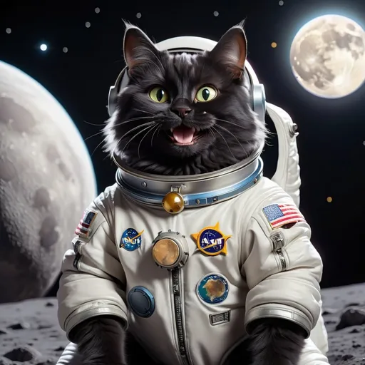 Prompt: A fluffy black cat is wearing a silver space suit. The cat is smiling. The cat is on the moon, the sky is black and there are little stars everywhere. In the distance, you can see Earth. 