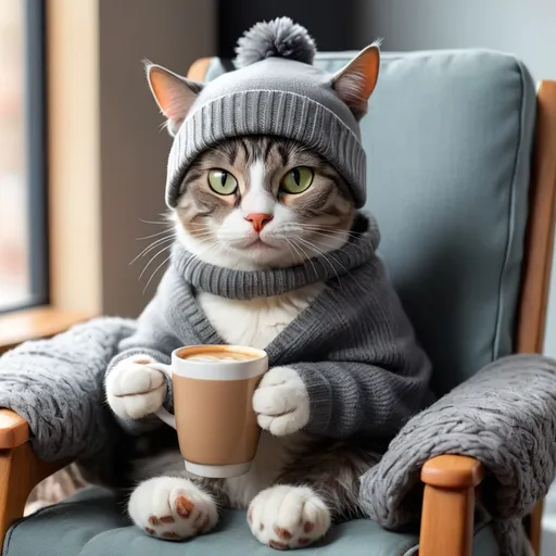 Prompt: A cat wearing a gray beanie, sitting in a chair and sipping coffee. 