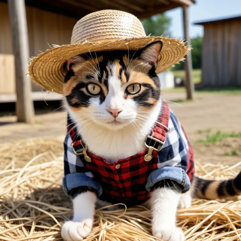 Prompt: A farmer calico cat that is wearing overalls, a plaid shirt, has on a straw hat with a piece of straw he is chewing on. 
