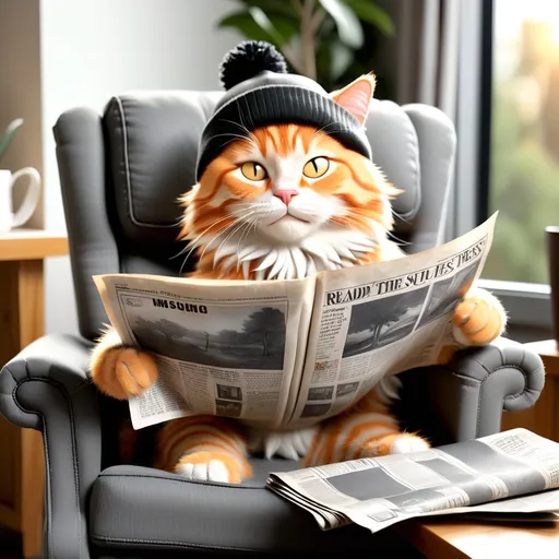 Prompt: A fluffy orange tabby cat is sitting in a gray recliner chair, holding up a newspaper ever so slightly to read. The cat is wearing a black beanie and is in sweats. There is coffee on the table next to the cat and you can see trees and the sun in the window next to the cat. 