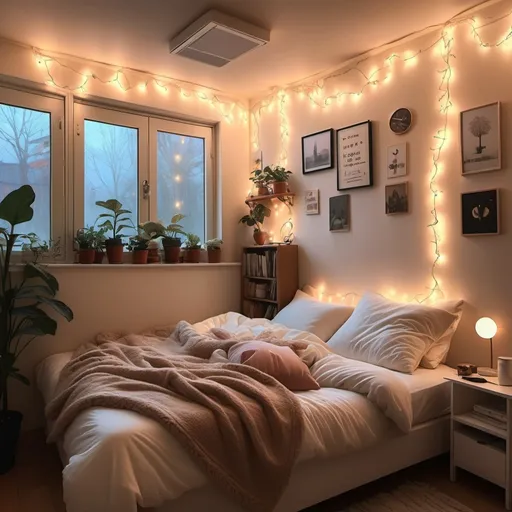 Prompt: Imagine a room bathed in the warm light of fairy lights strung across the walls. A comfy bed with fluffy pillows and a thick blanket invites you to relax. The soft hum of a fan and the gentle beats of lofi music create a serene atmosphere.