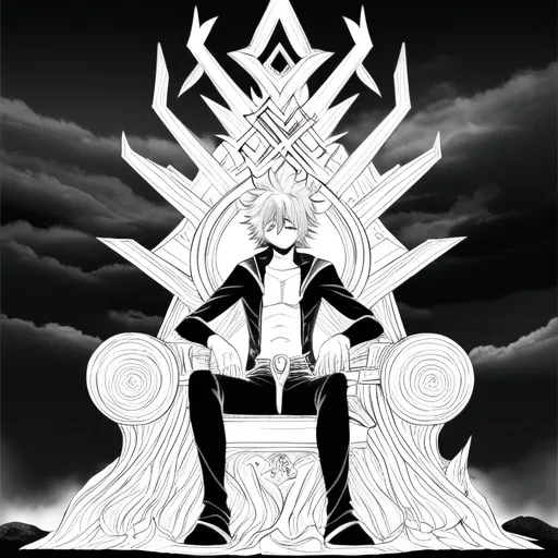 Prompt: "A dark fantasy manga scene, a lonely teenage boy (17) with messy hair and wide eyes sits on a stone throne in the middle of a cursed forest, glowing white eyes, magical black aura around him, night sky above, ancient runes carved on the throne, dramatic lighting, high contrast, cinematic composition -- manga panel style -- black and white -- moody atmosphere"
