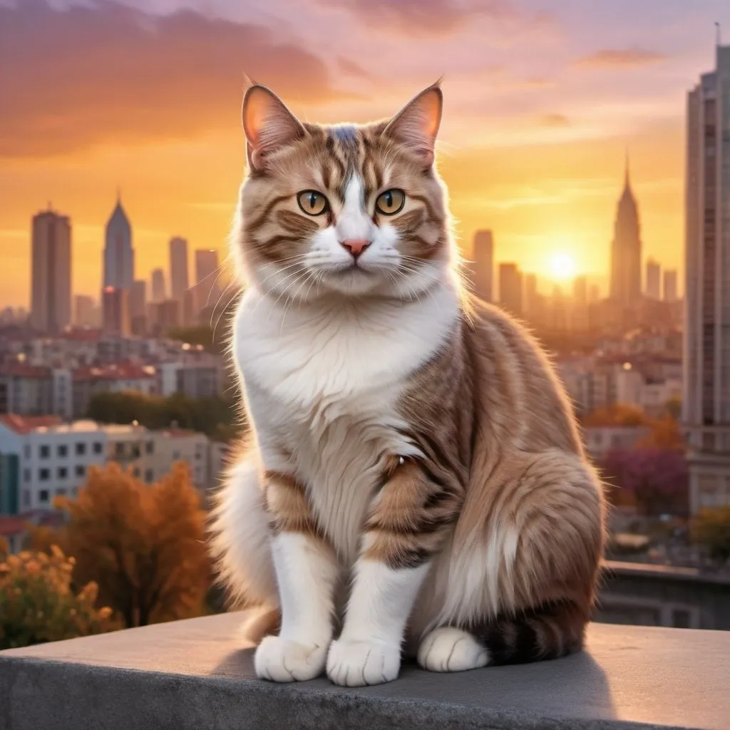 Prompt: cat photo hyper realistic  at sunset with fantasy city with nature in the background
