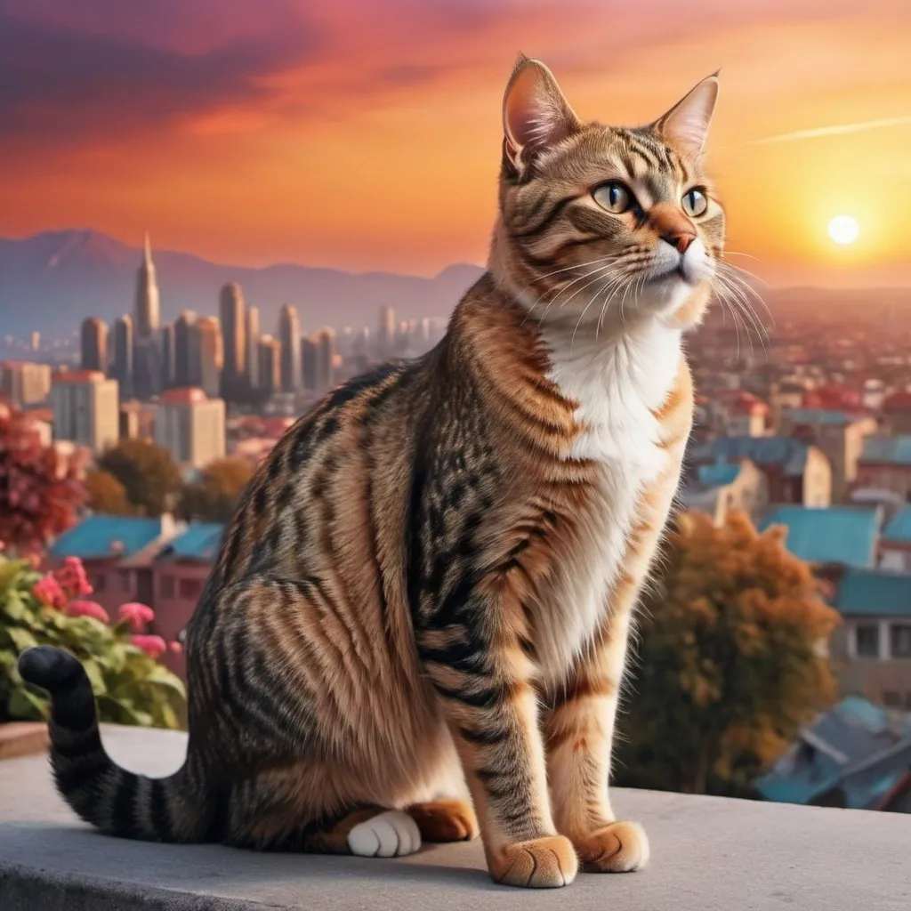 Prompt: cat expressive photo hyper realistic  at sunset with fantasy city with nature and distant faint planet in the sky  in the background 
