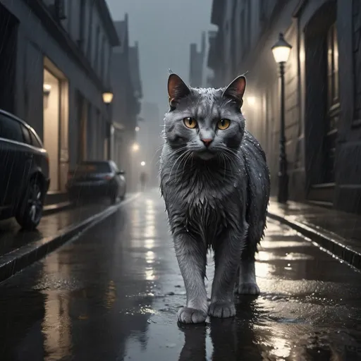 Prompt: Hyper-realistic wet scene, grey stripped cat walking in rain, gothic city, heavy fog, moody atmosphere, dark night, reflective surfaces, detailed fur, intense and focused gaze, over looking the city , hyper-realistic, detailed eyes, dark and moody, atmospheric lighting, wet streets, splashing water, heavy rain, reflective surfaces, gothic architecture, best quality, foggy background, professional