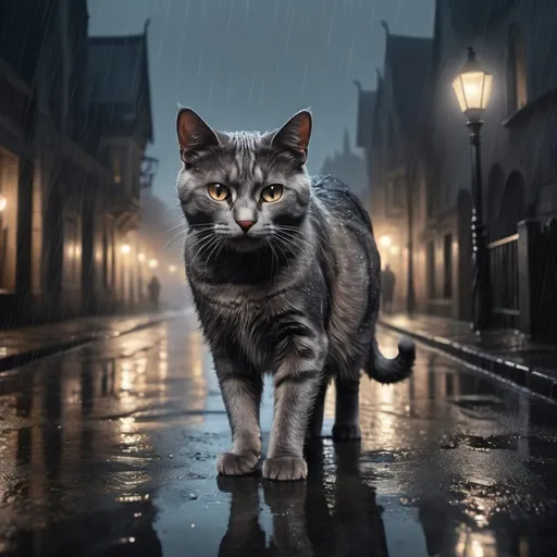 Prompt: Cat hyper realistic  walking on wet reflective streets of gothic city at night in that rain showing a foggy moody background 