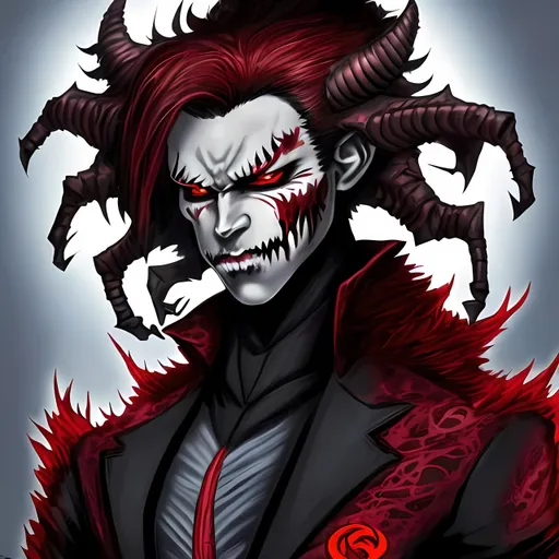 Prompt: Chynx Ze Jynx. Red skin. Half Angel half demon. Dressed in a black and red three-piece suit.

Character : A young man with long red hair and blood-red eyes. He has a muscular and strong physique and a confident and charming attitude. He is wearing a black and red three-piece suit that highlights his half demonic and half angelic nature. He is a mysterious and charismatic presence with a magnetic personality. He inspires respect and loyalty wherever he goes and is a force to be reckoned with.