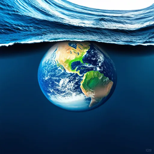 Prompt: The planet earth dropping into the ocean with large ripple rings.
With The words:
 "LYONNESSE
UNDER WATER" 
Above it.