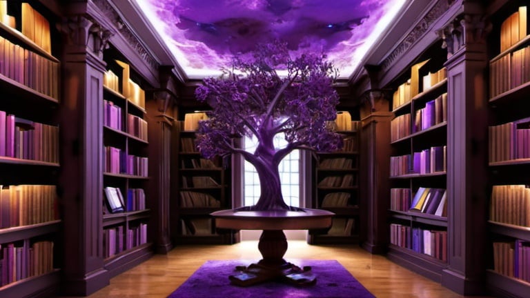 Prompt: library room, ghotic design, royal stile, purple light, tree in center the room