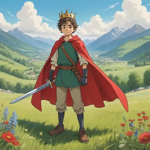 Prompt: a young cartoon character with a crown and a sword in his hand and a red cape, standing with a sword in his hand, natural light, field with green grass and wildflowers, blue sky, mountains in the background, sots art, character portrait, a character portrait, by studio ghibli