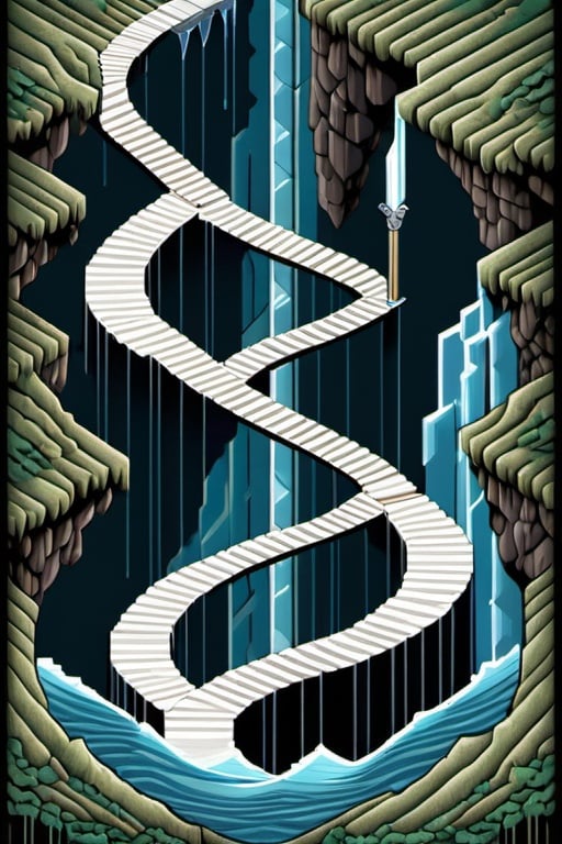 Prompt: Pixel art rendition of an MC Escher-style carpet, unraveling in cascades from a frontal perspective, superbrothers sword & sworcery style,  intricate repeating patterns, rocks, visual paradox, interlocking geometric shapes, cascading waterfalls defying gravity, pixelated texture, 8-bit aesthetic
