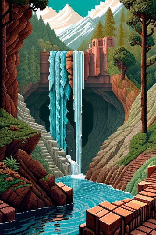 Prompt: Pixel art rendition of an MC Escher-style paint, unraveling in cascades from a frontal perspective, superbrothers sword & sworcery style,  intricate repeating patterns, rocks, visual paradox, interlocking geometric shapes, cascading waterfalls defying gravity, pixelated texture, 8-bit aesthetic
