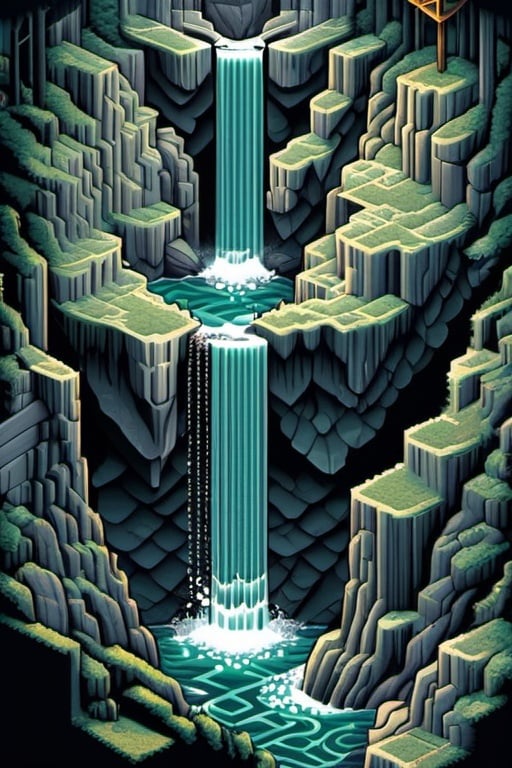 Prompt: Pixel art rendition of an MC Escher-style paint, unraveling in cascades from a frontal perspective, superbrothers sword & sworcery style,  intricate repeating patterns, rocks, visual paradox, interlocking geometric shapes, cascading waterfalls defying gravity, pixelated texture, 8-bit aesthetic
