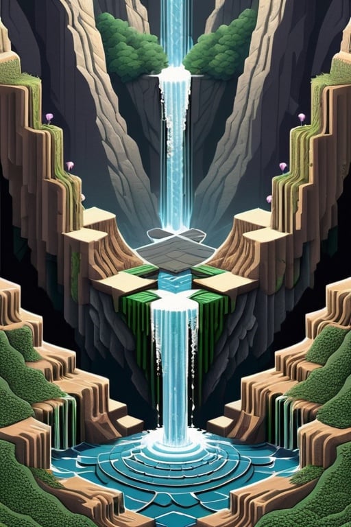 Prompt: Pixel art rendition of an MC Escher-style carpet, unraveling in cascades from a frontal perspective, superbrothers sword & sworcery style,  intricate repeating patterns, rocks, visual paradox, interlocking geometric shapes, cascading waterfalls defying gravity, pixelated texture, 8-bit aesthetic
