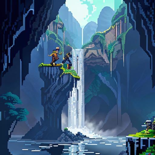 Prompt: Pixel art rendition of an MC Escher-style picture, unraveling in cascades from a frontal perspective, superbrothers sword & sworcery style,  intricate repeating patterns, rocks, visual paradox, interlocking geometric shapes, cascading waterfalls defying gravity, pixelated texture, 8-bit aesthetic
