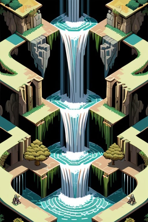 Prompt: Pixel art rendition of an MC Escher-style carpet, unraveling in cascades from a frontal perspective, superbrothers sword & sworcery style,  intricate repeating patterns, rocks, visual paradox, interlocking geometric shapes, cascading waterfalls defying gravity, pixelated texture, 8-bit aesthetic
