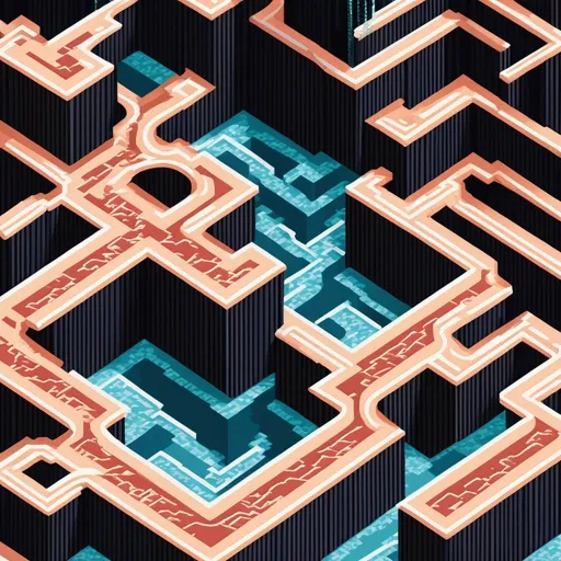 Prompt: Pixel art rendition of an MC Escher-style carpet, unraveling in cascades from a frontal perspective, superbrothers sword & sworcery style,  intricate repeating patterns, rocks, visual paradox, interlocking geometric shapes, cascading waterfalls defying gravity, pixelated texture, 8-bit aesthetic
