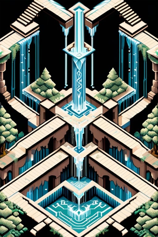 Prompt: Pixel art rendition of an MC Escher-style carpet, unraveling in cascades from a frontal perspective, superbrothers sword & sworcery style,  intricate repeating patterns, rocks, visual paradox, interlocking geometric shapes, cascading waterfalls defying gravity, pixelated texture, 8-bit aesthetic
