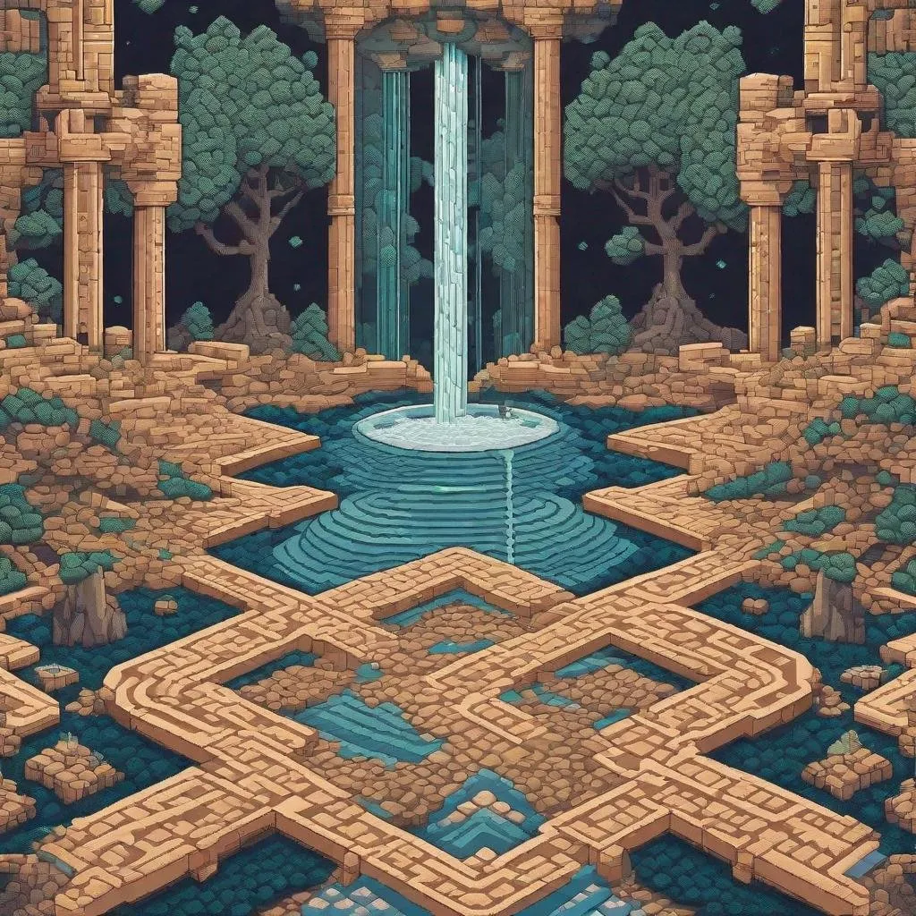 Prompt: Pixel art rendition of an MC Escher-style carpet, unraveling in cascades from a frontal perspective, superbrothers sword & sworcery style,  intricate repeating patterns, rocks, visual paradox, interlocking geometric shapes, cascading waterfalls defying gravity, pixelated texture, 8-bit aesthetic
