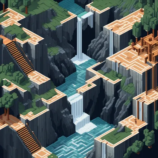 Prompt: Pixel art rendition of an MC Escher-style picture, unraveling in cascades from a frontal perspective, superbrothers sword & sworcery style,  intricate repeating patterns, rocks, visual paradox, interlocking geometric shapes, cascading waterfalls defying gravity, pixelated texture, 8-bit aesthetic

