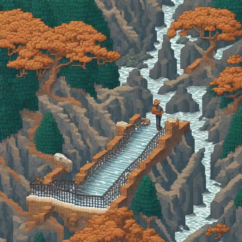 Prompt: Pixel art rendition of an MC Escher-style picture, unraveling in cascades from a frontal perspective, superbrothers sword & sworcery style,  intricate repeating patterns, rocks, visual paradox, interlocking geometric shapes, cascading waterfalls defying gravity, pixelated texture, 8-bit aesthetic
