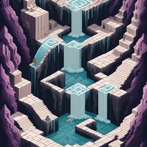 Prompt: Pixel art rendition of an MC Escher-style picture, unraveling in cascades from a frontal perspective, superbrothers sword & sworcery style,  intricate repeating patterns, rocks, visual paradox, interlocking geometric shapes, cascading waterfalls defying gravity, pixelated texture, 8-bit aesthetic
