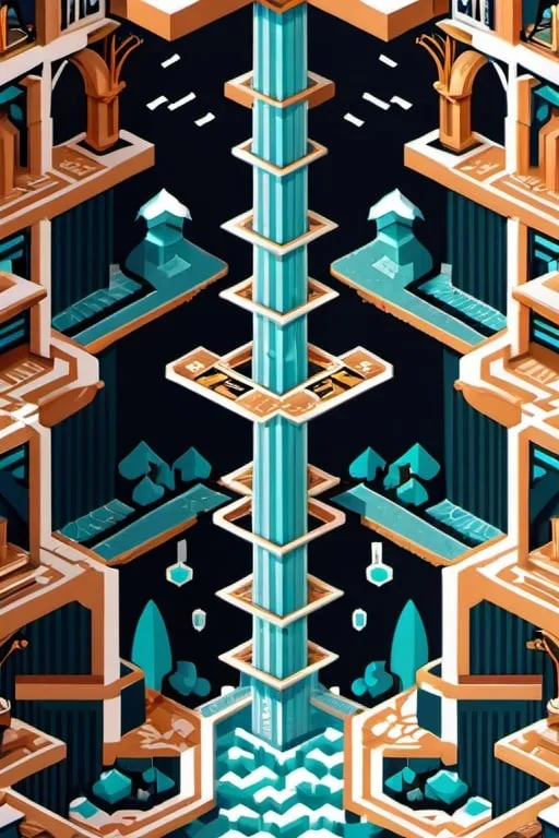 Prompt: Pixel art rendition of an MC Escher-style carpet, unraveling in cascades from a frontal perspective, superbrothers sword & sworcery style,  intricate repeating patterns, rocks, visual paradox, interlocking geometric shapes, cascading waterfalls defying gravity, pixelated texture, 8-bit aesthetic
