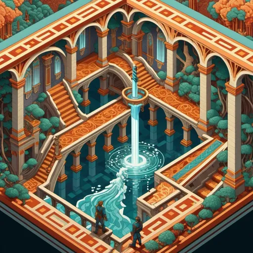 Prompt: Pixel art rendition of an MC Escher-style picture, cascading from a frontal perspective, superbrothers sword & sworcery style, detailed isometric pixel art, Escher-inspired, cascading perspective, surreal pixel art, intricate details, high-res pixel art, vibrant and contrasting colors, isometric view, surreal atmosphere