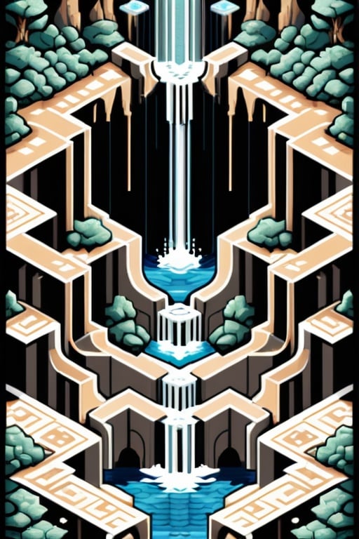 Prompt: Pixel art rendition of an MC Escher-style carpet, unraveling in cascades from a frontal perspective, superbrothers sword & sworcery style,  intricate repeating patterns, rocks, visual paradox, interlocking geometric shapes, cascading waterfalls defying gravity, pixelated texture, 8-bit aesthetic
