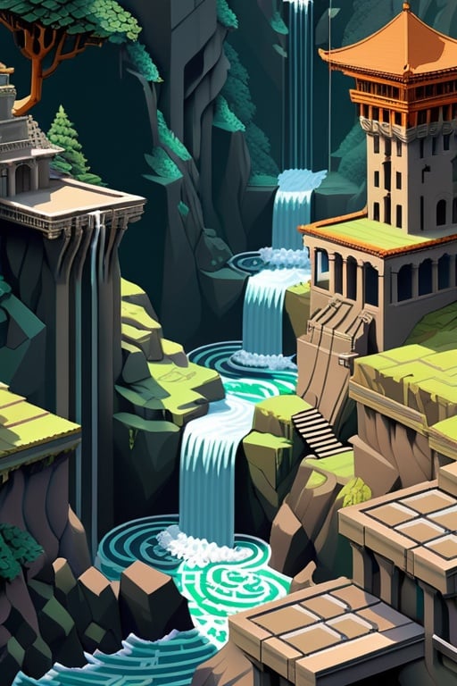 Prompt: Pixel art rendition of an MC Escher-style paint, unraveling in cascades from a frontal perspective, superbrothers sword & sworcery style,  intricate repeating patterns, rocks, visual paradox, interlocking geometric shapes, cascading waterfalls defying gravity, pixelated texture, 8-bit aesthetic
