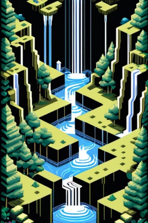 Prompt: Pixel art rendition of an MC Escher-style carpet, unraveling in cascades from a frontal perspective, superbrothers sword & sworcery style,  intricate repeating patterns, rocks, visual paradox, interlocking geometric shapes, cascading waterfalls defying gravity, pixelated texture, 8-bit aesthetic
