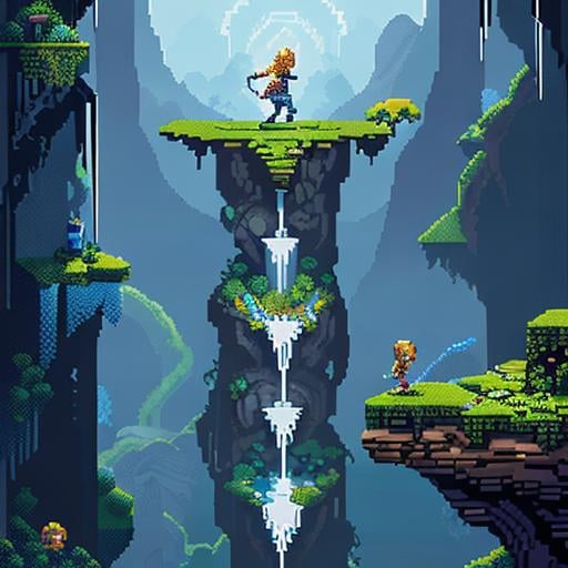 Prompt: Pixel art rendition of an MC Escher-style picture, unraveling in cascades from a frontal perspective, superbrothers sword & sworcery style,  intricate repeating patterns, rocks, visual paradox, interlocking geometric shapes, cascading waterfalls defying gravity, pixelated texture, 8-bit aesthetic
