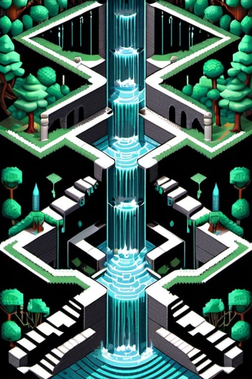 Prompt: Pixel art rendition of an MC Escher-style carpet, unraveling in cascades from a frontal perspective, superbrothers sword & sworcery style,  intricate repeating patterns, rocks, visual paradox, interlocking geometric shapes, cascading waterfalls defying gravity, pixelated texture, 8-bit aesthetic
