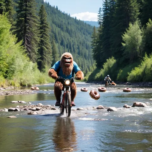 Prompt: adventure biking through river while eating donuts with sasquatch in the background

