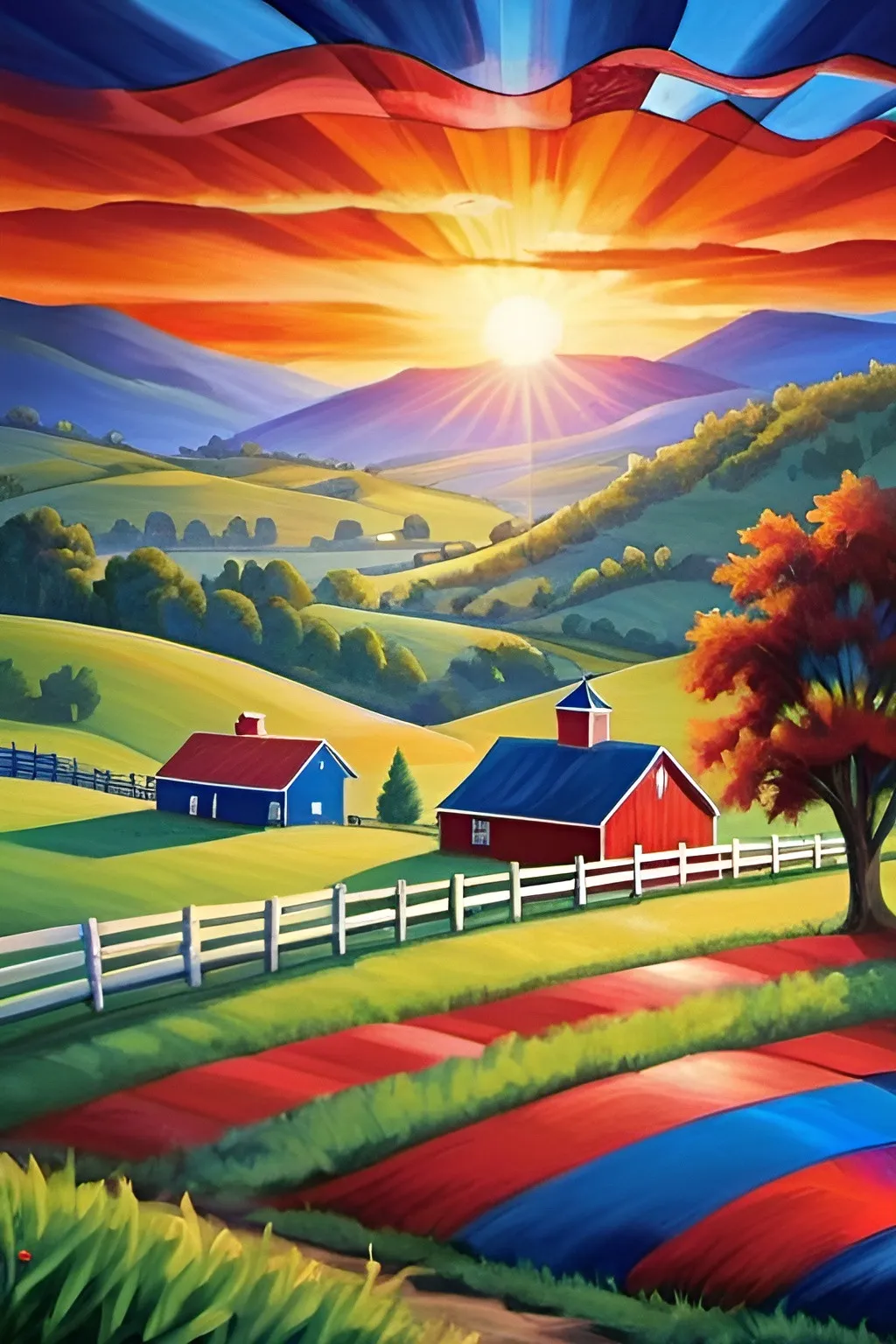 Prompt: Beautiful colorful USA patriotic painting. Beautiful sunrise in a rural area, with American flags, and rolling hills.