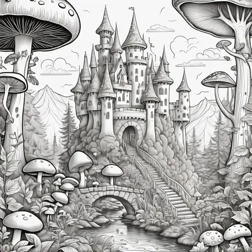 Prompt: create 120 images, "A fantastical landscape featuring a magical forest with giant mushrooms, sparkling streams, and a castle in the background, drawn in a clean line art style, designed for a coloring book for kids aged 8 to 12. The composition should have large, open spaces for coloring, minimal fine details, and an engaging theme. Ensure the proportions match the A4 paper size, black-and-white outline, no shading or textures."