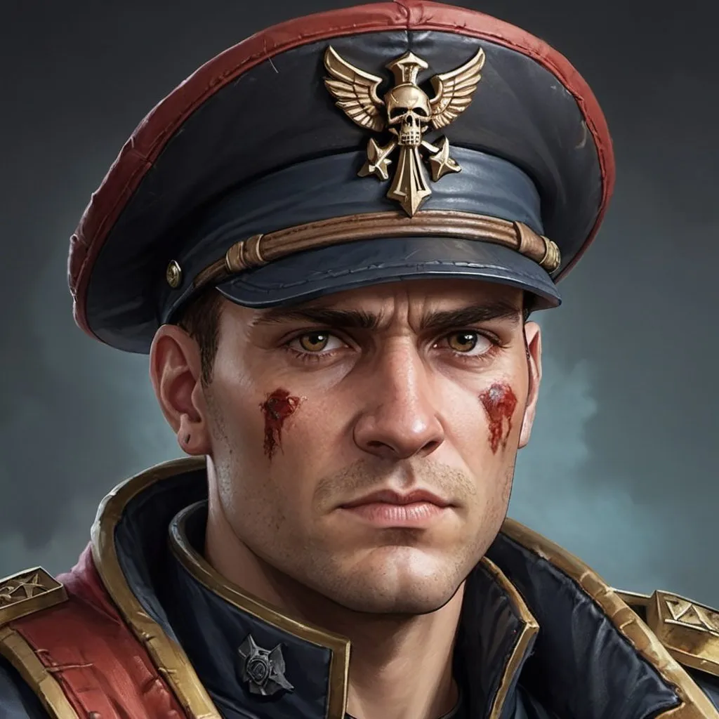 Prompt: Warhammer 40k, war veteran, rugged looking, scar across face, brown hair, Romen hair cut, with captains hat, in their 20s, portrait style 