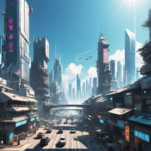 Prompt: A peaceful cyberpunk city, daytime at noon, clear sky and sunny weather, busy city, advance technology, AGI and ASI Achieved