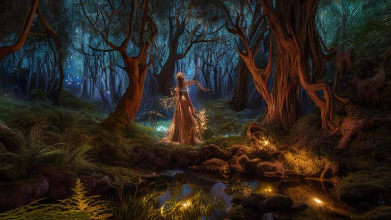 Prompt: An enchanted low-light forest at sunset with ancient trees, fairy lights in the shadows, glowing fungi, and a glittering waterfall creek. In the foreground is a small glowing fairy woman beside a flower