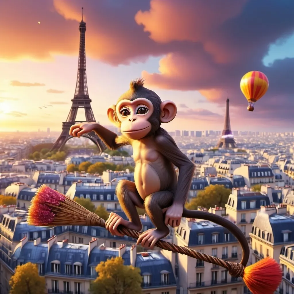 Prompt: Monkey on a broom flying over Paris 