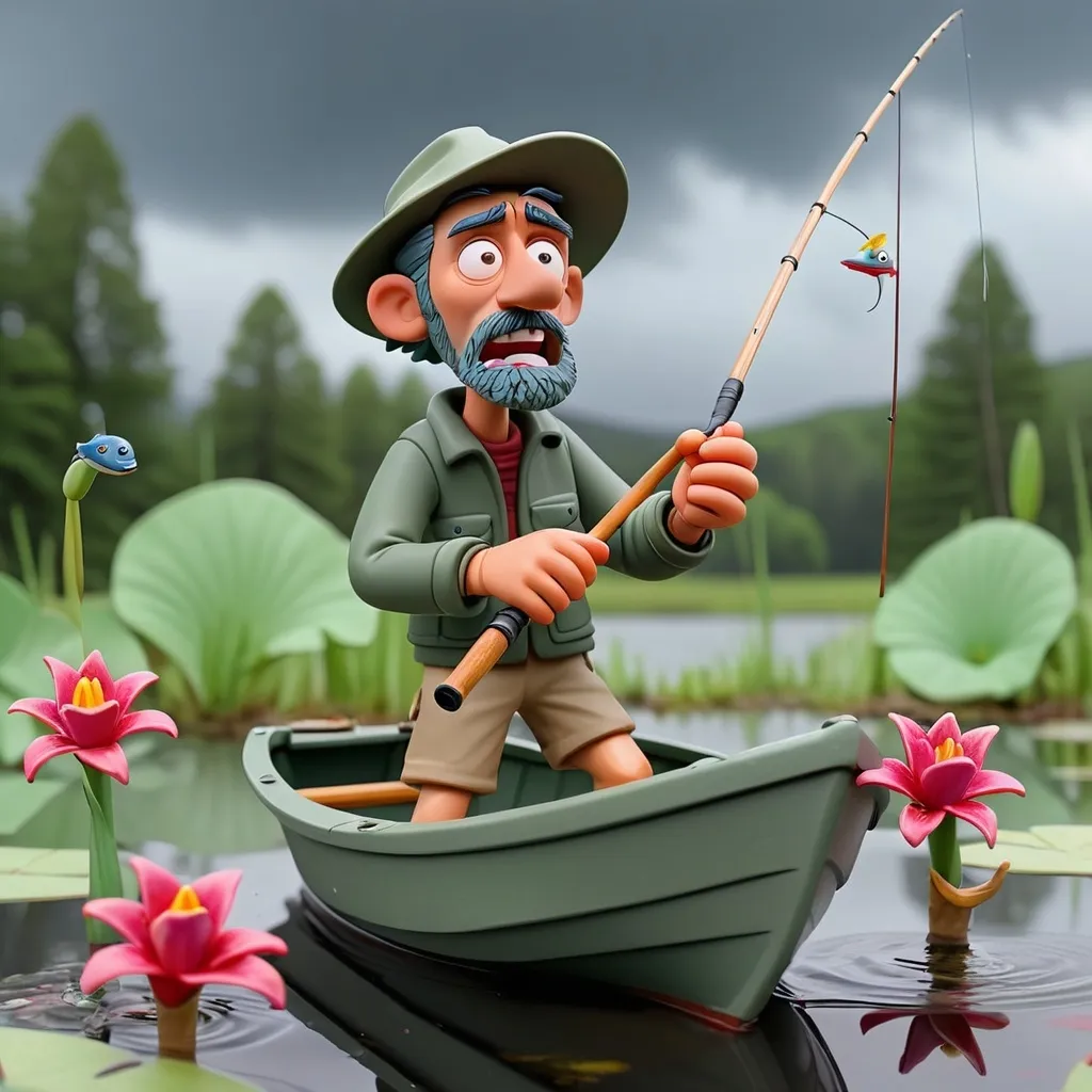 Prompt: Claymation style man on boat fishing with pole and casting rod over a small pond with overcast skies pulling splashing fish out of water with small surface lillys floating