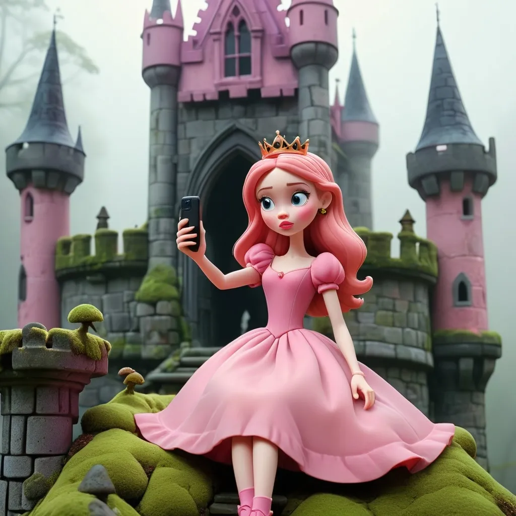 Prompt: Claymation style princess in pink dress on top of Gothic castle with moss growing over taking a selfie soft misty atmosphere 