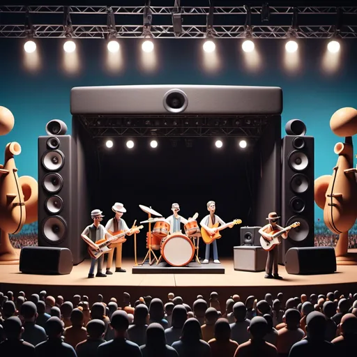 Prompt: Claymation style Concert of musicians playing several instruments on stage with humongous oversized speakers on either side looming around the players and field packed with audience