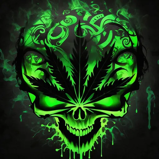 Prompt: A striking illustration features a menacing skull, vividly rendered in a ghostly green hue that emits an eerie glow against a solid black background. The skull is adorned with a biohazard symbol, intricately intertwined with swirling patterns that suggest decay or toxic elements. It wears a dark gas mask, emphasizing a sense of danger and foreboding, with detailed textures that enhance the realism of the image. The composition is centered and stark, allowing the haunting figure to dominate the frame, while the color scheme of bright multi color and black evokes a chilling ambiance. Overall, the artwork conveys themes of hazard and mortality, striking a balance between the macabre and the visually captivating.