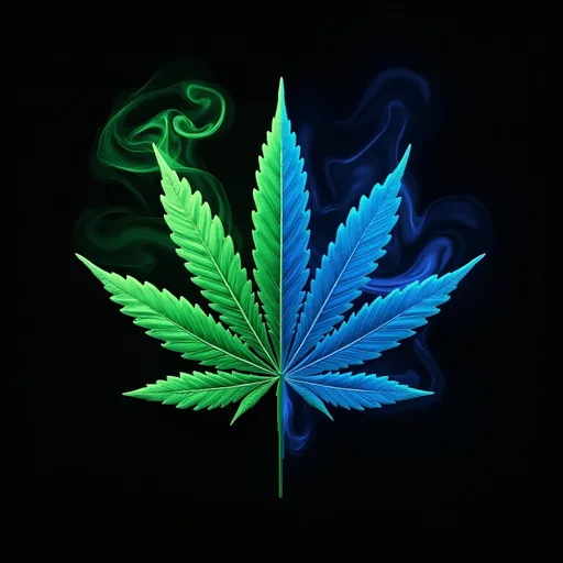 Prompt: Bright metallic green marijuana leaf on one left side with green smoke moving towards the center and on the right side bright neon metallic blue marijuana leaf with blue smoke moving to the center with a black background 