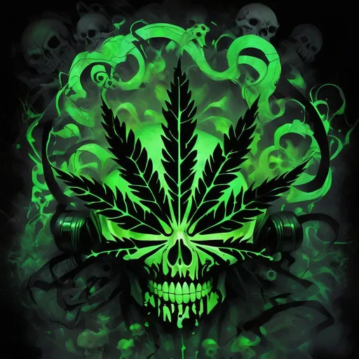 Prompt: A striking illustration features a menacing skull, vividly rendered in a ghostly green hue that emits an eerie glow against a solid black background. The skull is adorned with a biohazard symbol, intricately intertwined with swirling patterns that suggest decay or toxic elements. It wears a dark gas mask, emphasizing a sense of danger and foreboding, with detailed textures that enhance the realism of the image. The composition is centered and stark, allowing the haunting figure to dominate the frame, while the color scheme of bright multi color and black evokes a chilling ambiance. Overall, the artwork conveys themes of hazard and mortality, striking a balance between the macabre and the visually captivating.